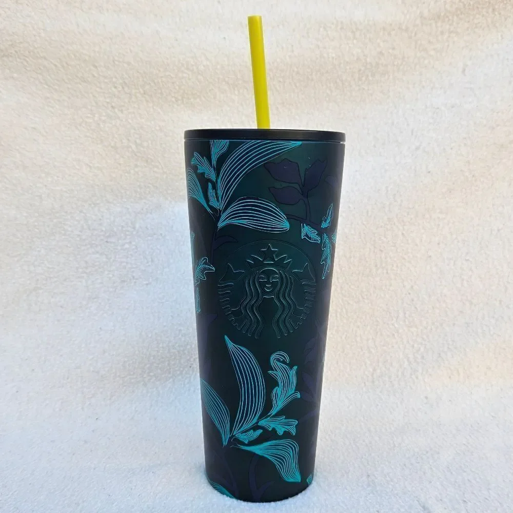 Starbucks Blue and Green Floral Steel Tumbler 24oz